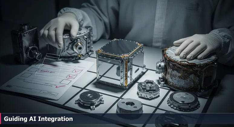 Close-up of an engineer's hands in a clean room, pointing to an AI integration checklist item while touching a vintage satellite component, symbolizing technology merge.