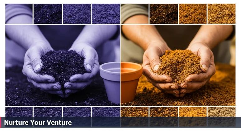 Close-up of gardener's weathered hands holding dark compost and sandy soil above an empty pot, symbolizing the choice of coworking spaces for tech startups in Palm Bay.