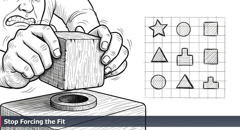 Hands forcing a square block into a round hole on a sorting toy, symbolizing the struggle of non-degree job seekers in Palm Bay's tech market.
