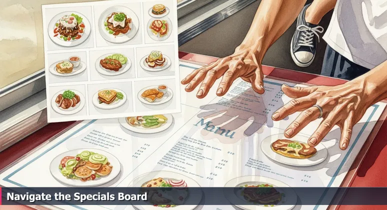 Close-up of hands hesitating over a large laminated diner menu at a classic Florida roadside diner, symbolizing the challenge of choosing a tech startup from many options in Palm Bay.