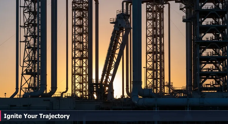 A detailed view of the Kennedy Space Center launchpad at dawn, with umbilical lines and support structures connecting to a rocket, symbolizing career support networks for women in tech.