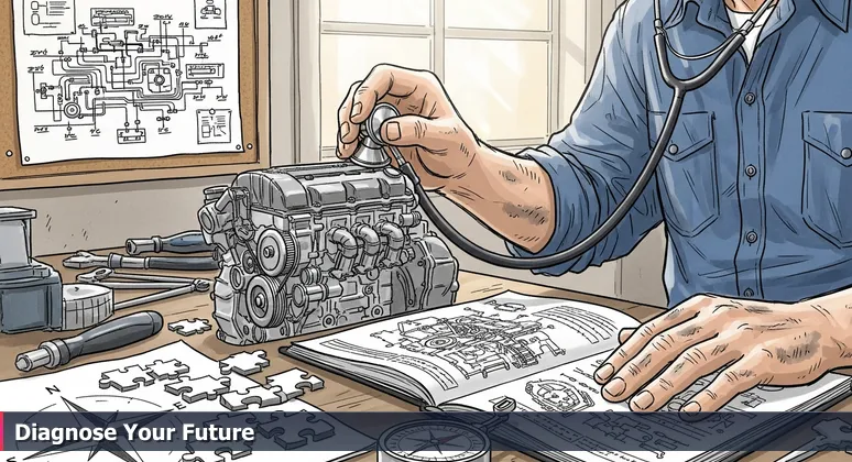 Close-up of a mechanic's hands using a stethoscope on an engine, symbolizing the diagnostic skills needed for AI careers in Memphis's economic engine.