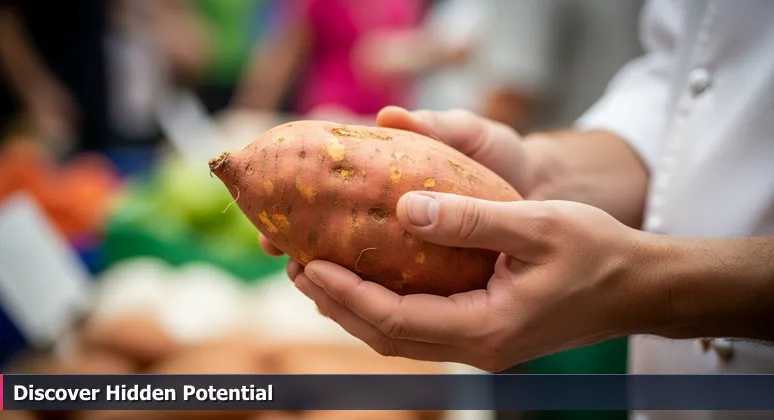 A chef's hands holding a sweet potato at a farmer's market, symbolizing Memphis's undervalued tech potential with blurred crowds in the background.