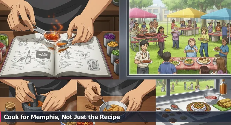 A person's hands carefully following a recipe from a cookbook, with a window view of a lively Memphis community picnic featuring barbecue and hot tamales, symbolizing the blend of technical skill and local impact.