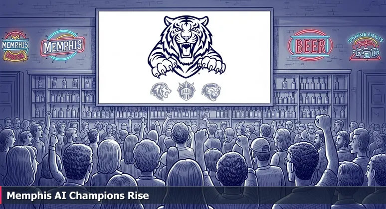 A crowded Memphis sports bar scene with patrons watching a college football ranking ticker where the Memphis Tigers ascend, symbolizing the rise of local AI startups.