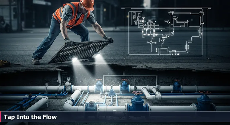 A maintenance worker in Memphis lifts a street grate at dusk, revealing a network of pipes and valves that symbolize hidden financial aid for tech training.