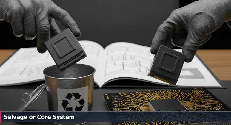 Hands holding two identical microchips, one over a salvage bin and one over a circuit board, with a blurred wiring diagram manual in the background.
