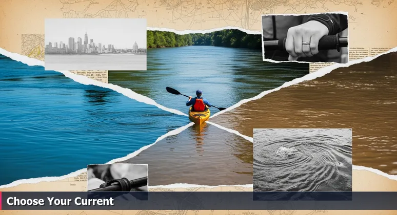 A kayaker paused at the confluence of two rivers in Memphis, with the city skyline downstream, symbolizing career choices in the tech industry.