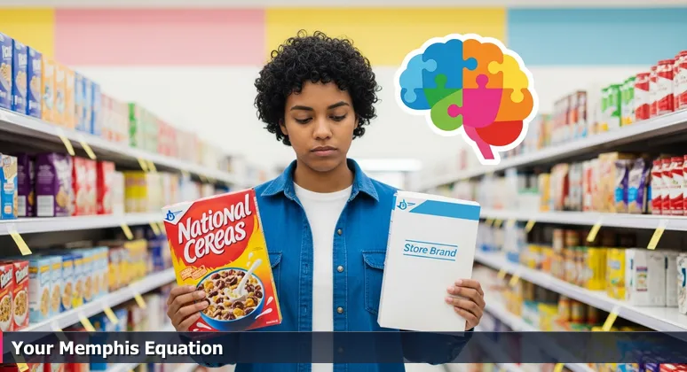 A person in a Memphis grocery aisle comparing cereal boxes, symbolizing the trade-offs in tech career affordability decisions