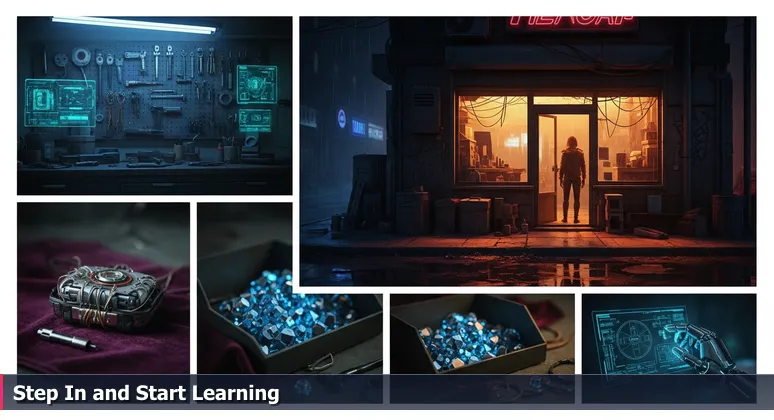 A person stands at the open door of a vintage repair shop at dusk, looking inside where warm light illuminates tools on the wall, symbolizing accessible tech training in Memphis.