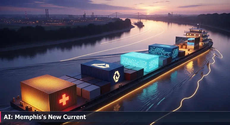 A barge on the Mississippi River at dusk carrying crates labeled with healthcare, logistics, technology, and finance icons, symbolizing AI talent distribution in Memphis industries.