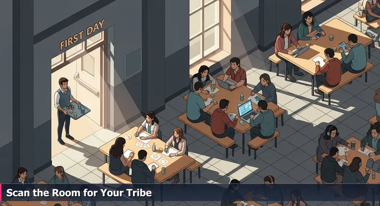 A person holding a tray stands at the entrance of a cafeteria, scanning tables where tech professionals work on laptops, sketch ideas, and collaborate in Memphis's innovation spaces.