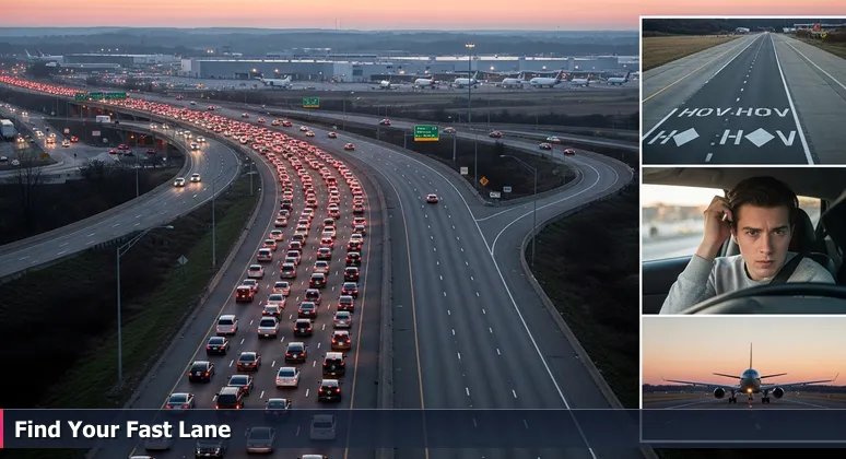 Aerial view of a traffic jam on a Memphis highway with red taillights, an empty HOV lane beside it, and the FedEx SuperHub with planes in the distance.