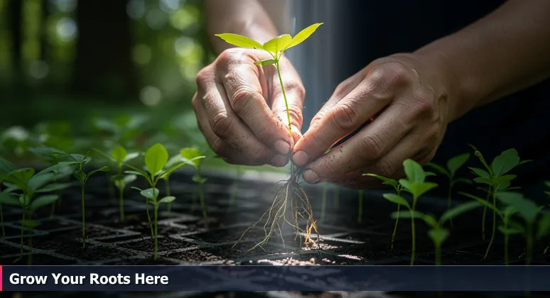 Hands covered in Memphis river silt examining a young sapling's roots in a forest, symbolizing career growth for junior developers in tech startups.