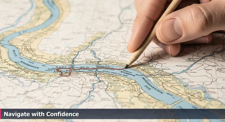 A river pilot's hand tracing a path on a nautical chart of the Mississippi River near Memphis, symbolizing navigation through women in tech communities.