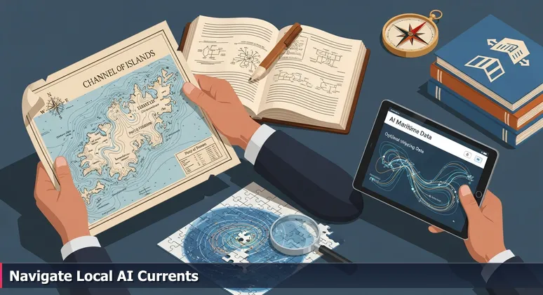 Weathered hands holding a nautical chart of the Channel Islands and a tablet with AI maritime data, representing the blend of traditional and modern skills for AI careers in Oxnard.