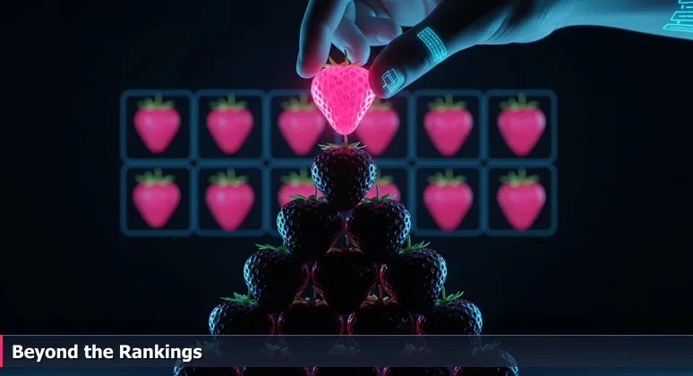 Close-up of hands at Oxnard Farmers Market placing a strawberry atop a pyramid of fruit, symbolizing tech career choices in Ventura County.