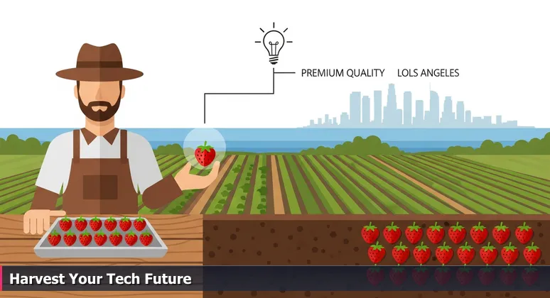 Farmer at a Ventura County roadside stand holding a strawberry, with fields, ocean, and distant Los Angeles skyline, symbolizing Oxnard's specialized tech opportunities.