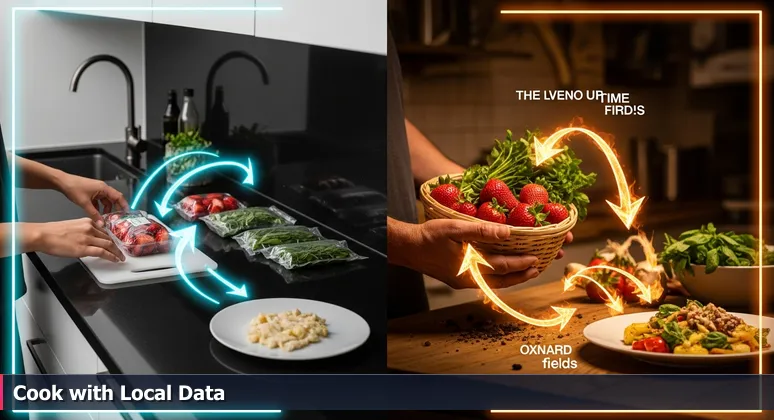 An illustration showing a person in a kitchen struggling with a recipe and imported ingredients, contrasted with a chef using fresh strawberries from Oxnard fields, symbolizing the importance of local context in AI engineering.