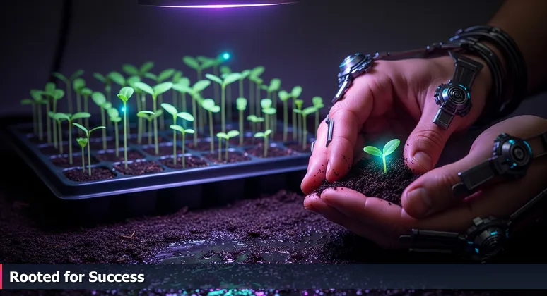 A gardener's hands holding a sprout in dark soil, symbolizing the nurturing of AI startups in Oxnard's rich industrial ecosystem.