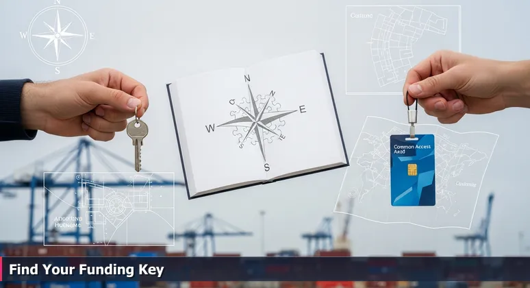 Close-up of hands holding a house key and a Common Access Card against a blurred Port of Hueneme background, symbolizing access to tech training funding.