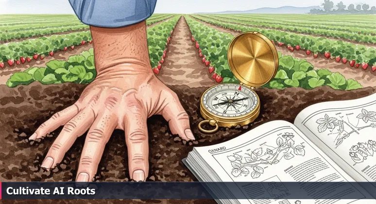 A farmer's hand feeling the rich soil of an Oxnard strawberry field, symbolizing the cultivation of AI community networks for professional growth.