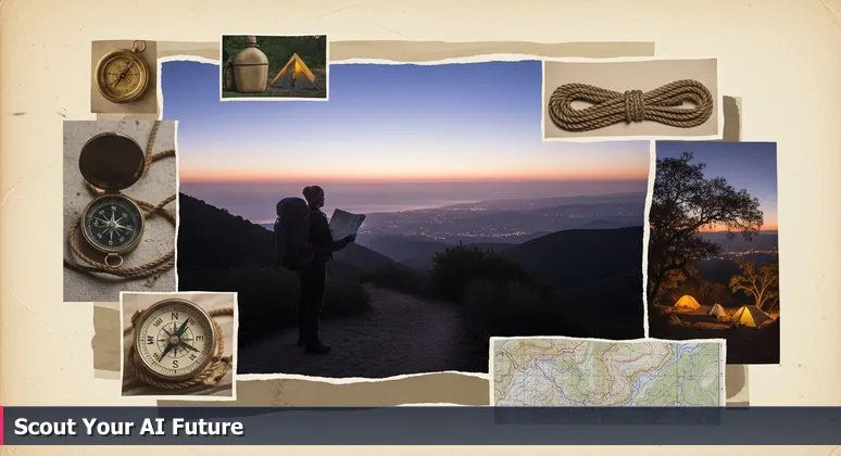A backpacker at a trail fork in the Santa Monica Mountains, choosing between coastal and inland paths, symbolizing AI career choices in Oxnard, CA.
