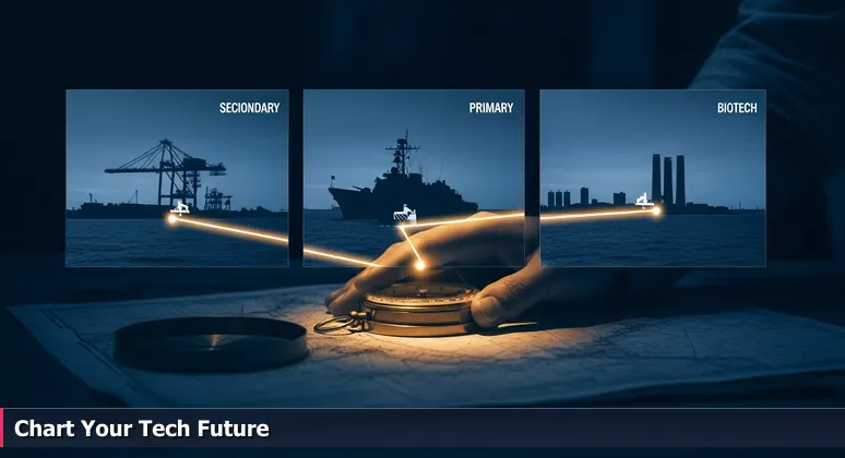 A person planning tech career routes on nautical charts over Oxnard's coastline, with symbols for defense, logistics, and biotech industries.