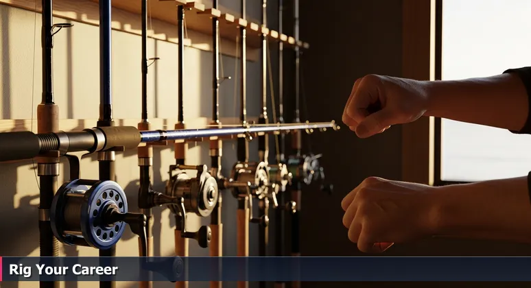 Close-up of hands selecting fishing rods in a tackle shop, symbolizing the choice of AI bootcamps for tech careers in Oxnard, California.