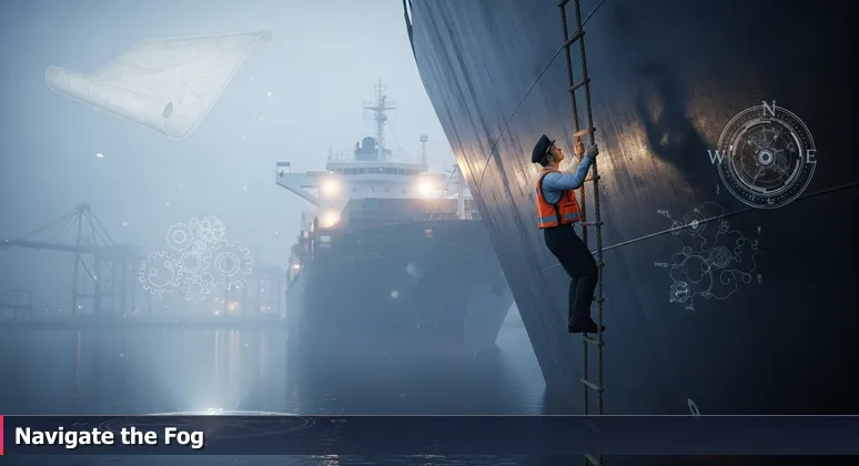 A harbor pilot climbs a rope ladder on a foggy container ship at Oxnard's Port of Hueneme, symbolizing cybersecurity professionals navigating local job markets with focused expertise.