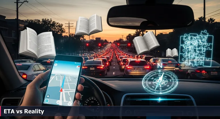 Hand holding a smartphone with navigation app showing 'ETA: 15 minutes', viewed through a car windshield with brake lights on Oxnard's Harbor Boulevard at sunset.
