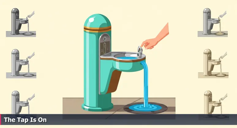 A hand hesitating at a public drinking fountain on a sunny Oxnard sidewalk, symbolizing access to free tech training for career growth.