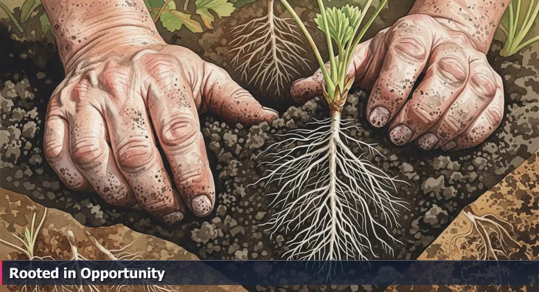 Close-up of weathered hands in soil revealing the root system of a strawberry plant in an Oxnard field, symbolizing hidden AI job growth in local industries.
