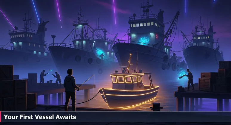 A hopeful junior developer at dawn on Oxnard's Channel Islands Harbor docks, holding a fishing rod and looking at a small skiff, with large ships in the background.