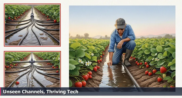 A farmer in an Oxnard strawberry field at dawn, tracing irrigation channels that symbolize hidden tech community networks for women in careers.