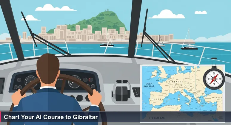 A sailor's hands gripping a yacht wheel with the Gibraltar harbor in the background, symbolizing the focused journey to navigating an AI career in a specific tech ecosystem.