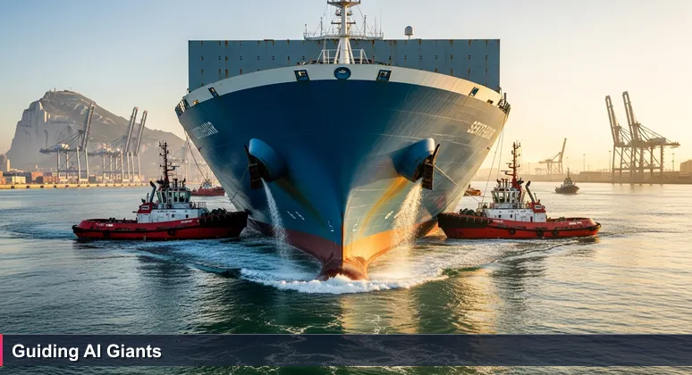 A modern container ship guided by tugboats into port with the Rock of Gibraltar in the distance, symbolizing AI startups docking innovation in regulated industries.