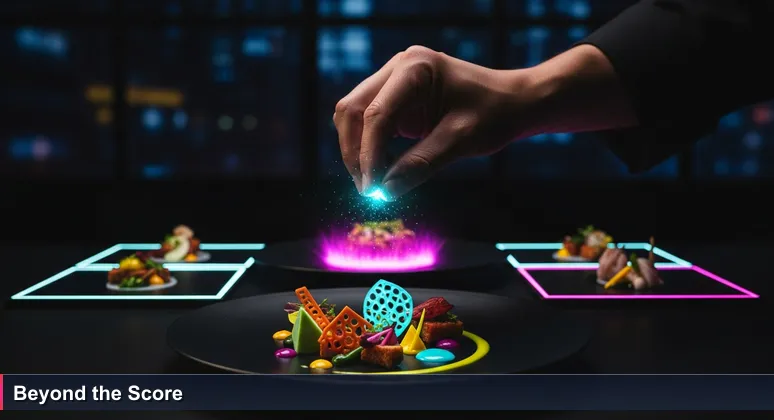 Close-up of a chef's hand seasoning a gourmet dish, with a blurred competition scoreboard displaying a number in the background.