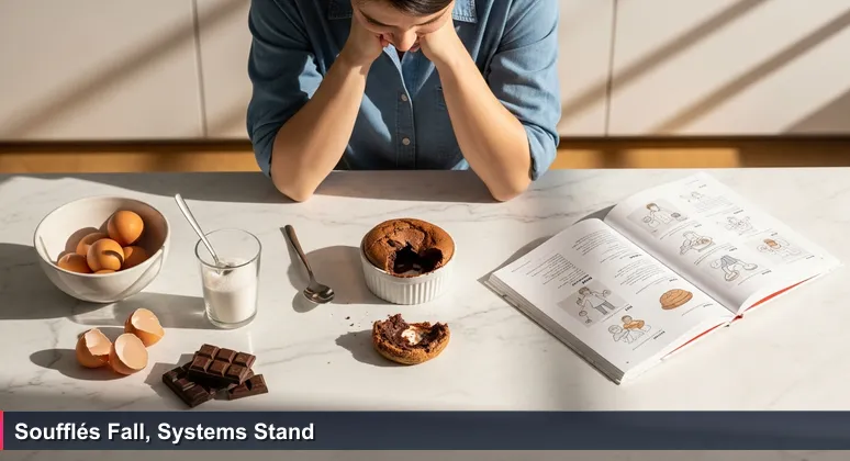 Defeated home cook staring at a fallen chocolate soufflé, with exact ingredients and a recipe, representing the gap between learning and applying AI skills in Gibraltar's tech market.