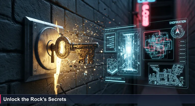 A weathered ornate key unlocking a heavy wooden door set into Gibraltar's ancient limestone wall, with light spilling from the opening.