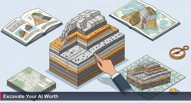 Cross-section of Gibraltar's Rock showing distinct colored strata with a geologist's hand pointing to a glittering quartz vein, symbolizing layered AI compensation insights.