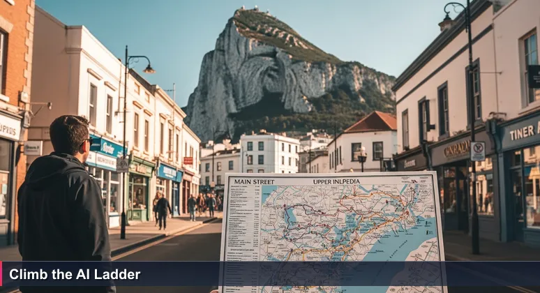 A determined individual at the base of Gibraltar's Upper Rock, gazing up at the summit while holding a map of AI networking pathways, symbolizing the journey from community meetups to strategic conferences.