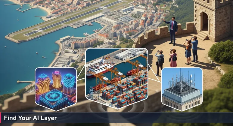 A tour guide on Gibraltar's Upper Rock pointing at the panoramic harbor view, with three tourists using binoculars to focus on different industries: logistics, iGaming, and public tech.