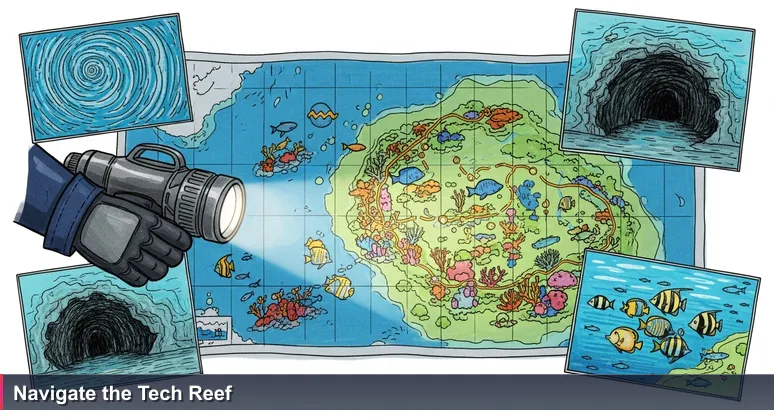 A diver's hand traces a route on a waterproof map of a vibrant coral reef, symbolizing the navigation of Gibraltar's 2026 tech job opportunities.
