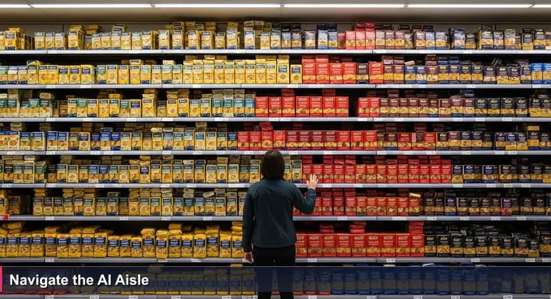A person looking overwhelmed in a grocery aisle facing a wall of identical pasta boxes, metaphor for choosing AI bootcamps in Gibraltar's tech scene.