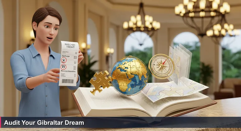 A tech professional scrutinizing an itemized bill on a tablet, with Gibraltar's iconic Rock in the background, representing a cost-of-living audit.