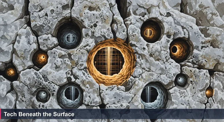 Close-up of Gibraltar's limestone rock with a glowing fiber-optic cable emerging from a hole, symbolizing hidden tech education opportunities in community spaces.