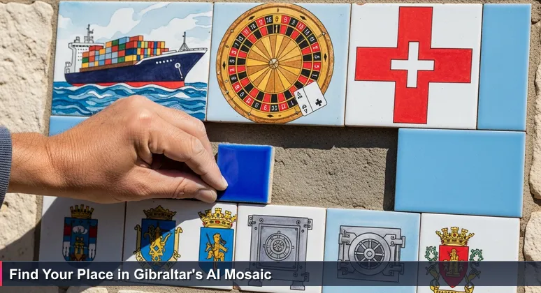 Artisan's hand inserting a blue tessera into a mosaic depicting Gibraltar's industries like shipping, iGaming, and finance on a stone wall.
