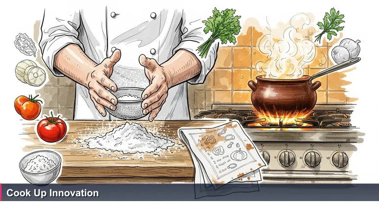 Chef's hands in a chaotic home kitchen with a bubbling pot and scribbled recipe, representing innovation in Gibraltar's tech coworking spaces and incubators.