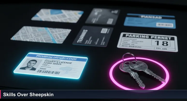 Close-up of a new provisional driver's license on a car dashboard with worn keys, symbolizing skills over degrees in Gibraltar's tech industry for 2026.